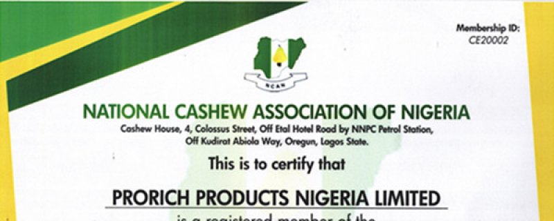 Prorich Products Nigeria Co. Ltd Became Member of Nigeria Cashew Association